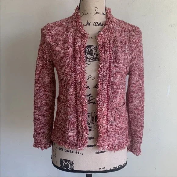 Anthropologie Angle Of The North Eliot Fringe Red White Cardigan Sweater Small - Picture 2 of 9